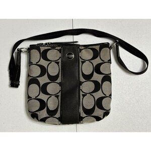 COACH Crossbody Bag Purse Black Gray Signature‎ Canvas Leather Trim Small